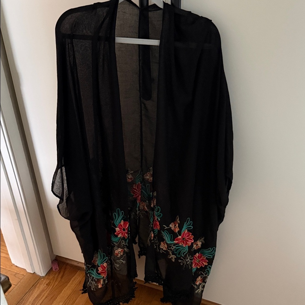 Black Sheer Floral Embroidered Kimono